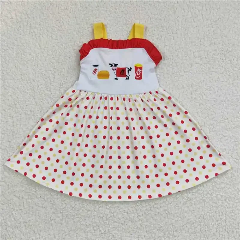 Summer Girl Embroidery Cow Burger Vest Polka Dot crewneck fashion cute dress wholesale price