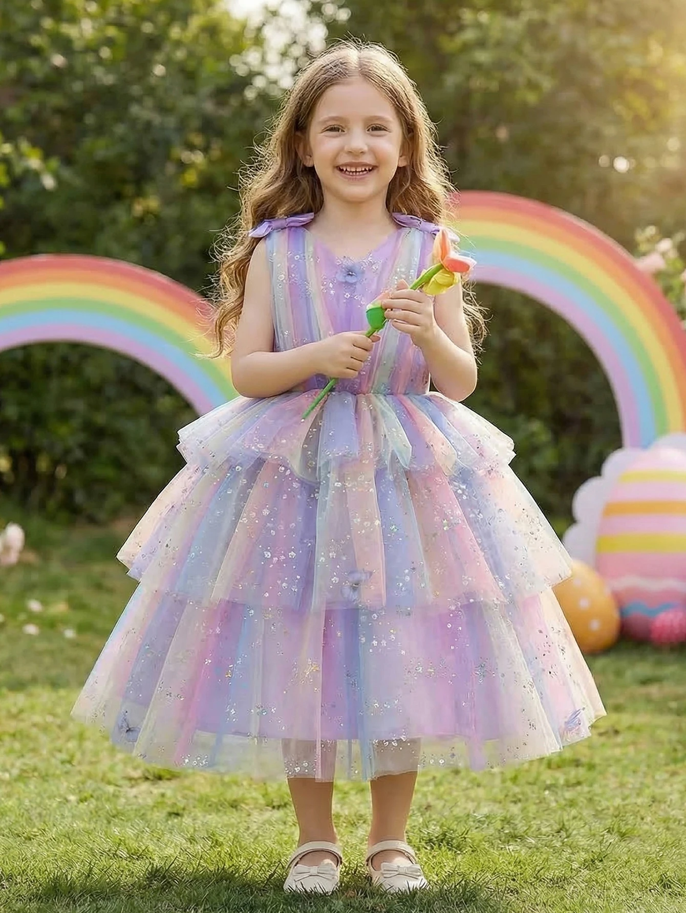 Girl's Purple Sequined Net Multi-layered Cake Dress with 3D Butterfly Embellishment Sleeveless V-neck Design. Daily Wear,Outings