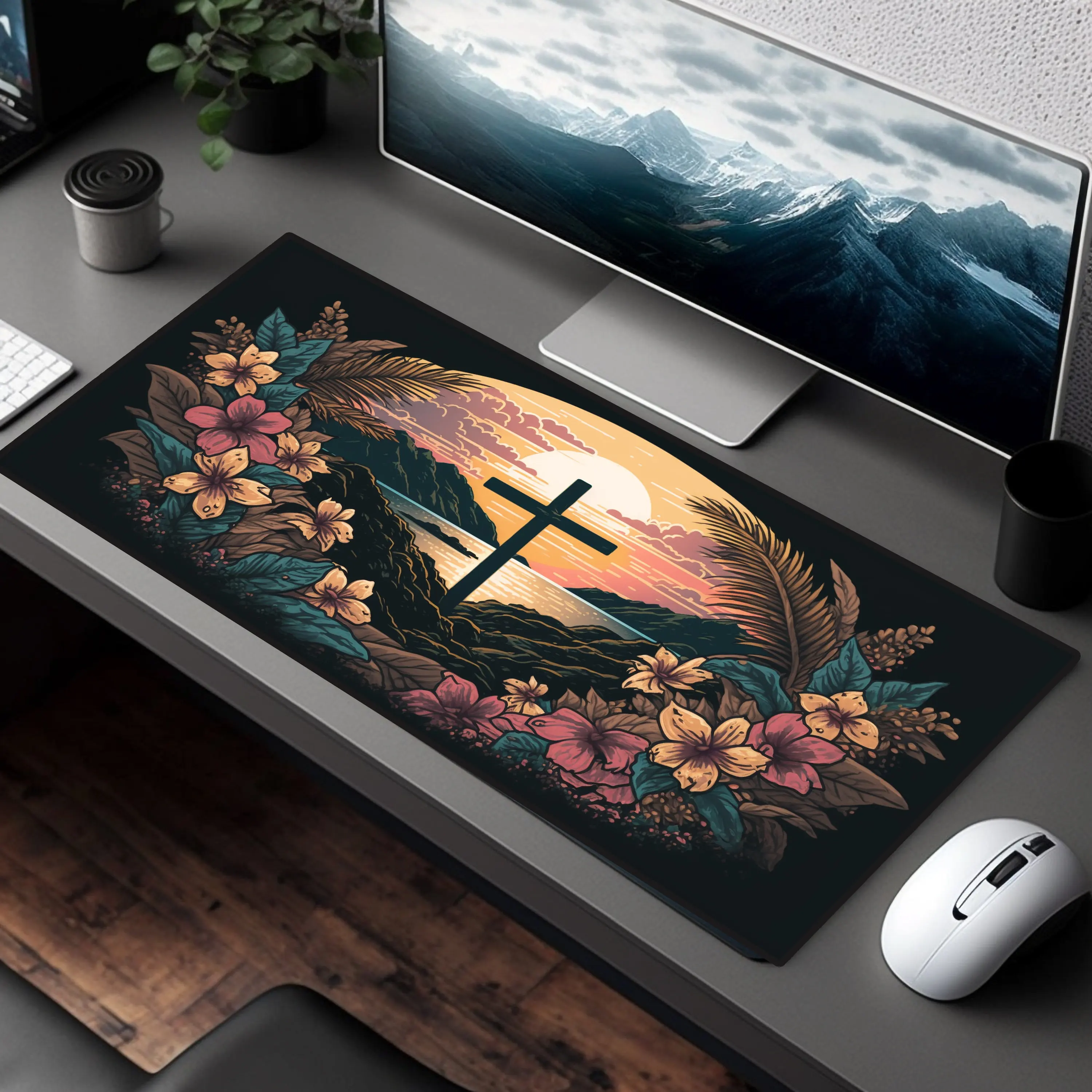 Hawaiian Cross Art Mousepad XL Bible Mouse Pad Beach Cross Desk Mat Biblical Desk Pad Christian Mousemat Keyboard Computer Mat