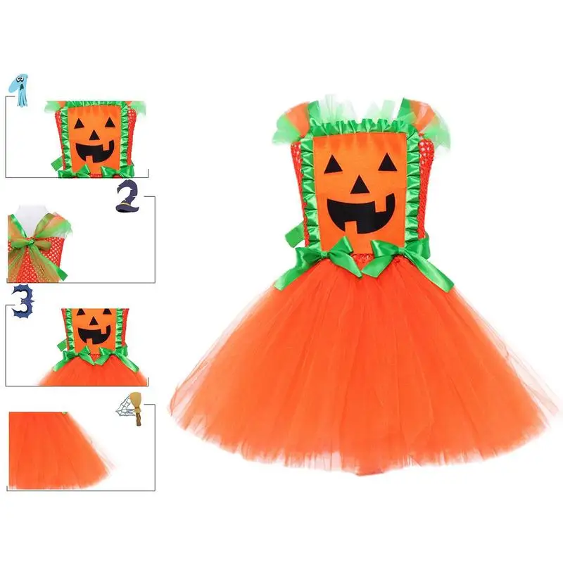 Girl Halloween Pumpkin Dress Ghost Costume Sleeveless Print Dress with Hair Clips Halloween Outfits Dress Up for Party