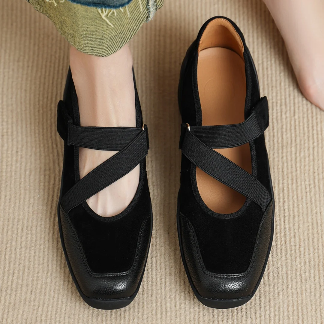 

danxuefei women's genuine leather patchwork square toe elastic band cross strap hook&loop slip-on flats loafers casual shoes hot