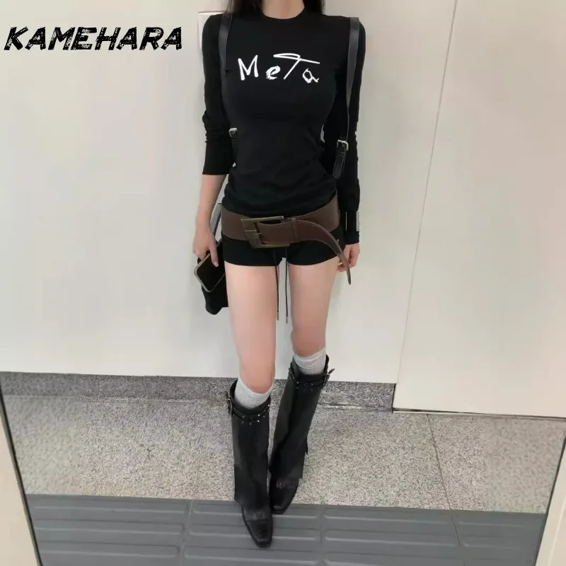 

KAMEHARA Japanese E-girl Gothic O Neck Thin Positive Shoulder Long-sleeved Tees Harajuku Y2k Punk Shibuya Street Bottoming Shirt