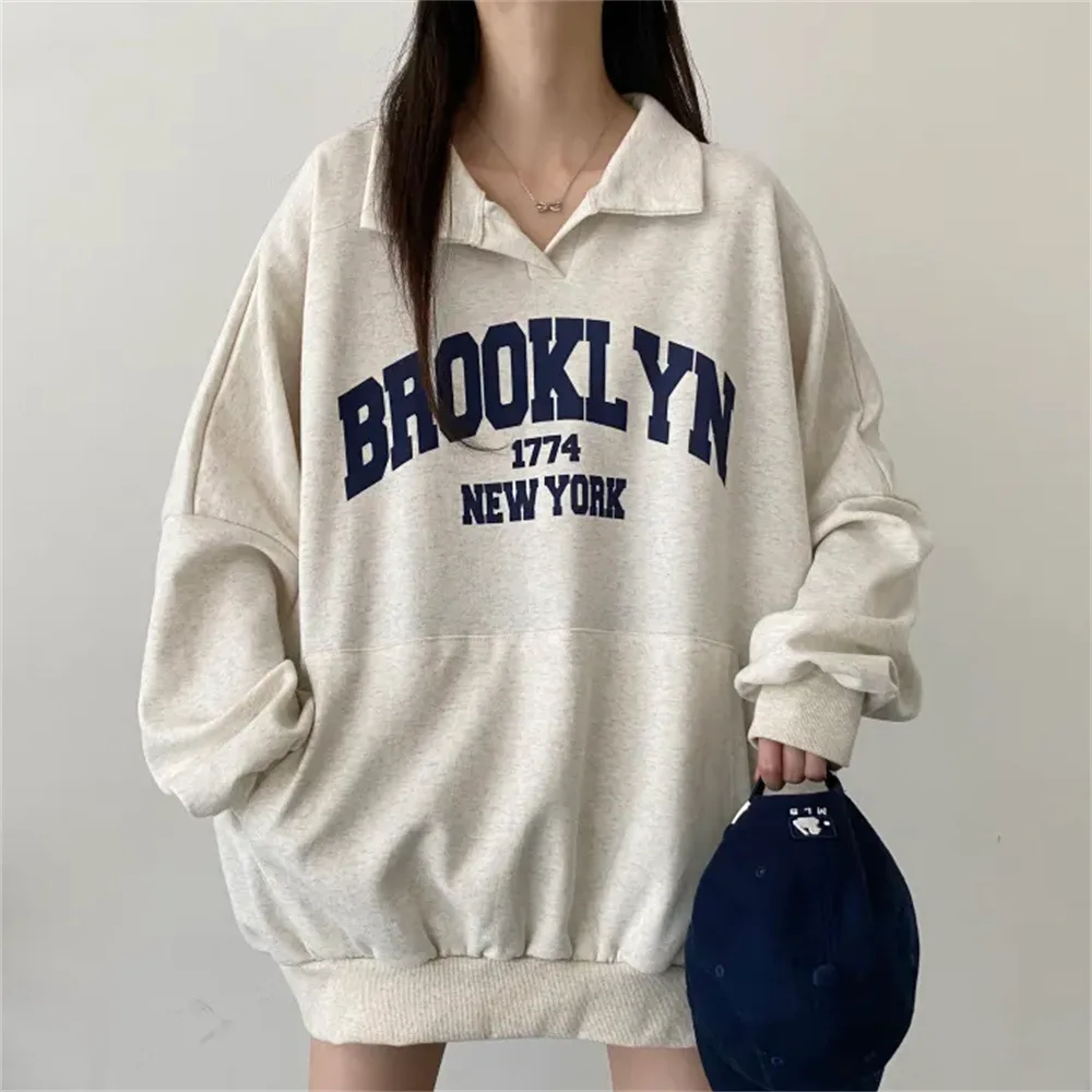 Women Brooklyn Letter Printed Long Sleeves Pullovers Hoodie Oversized  Loose Fashion High Strecth Hoodie Sweatshirt Clothes