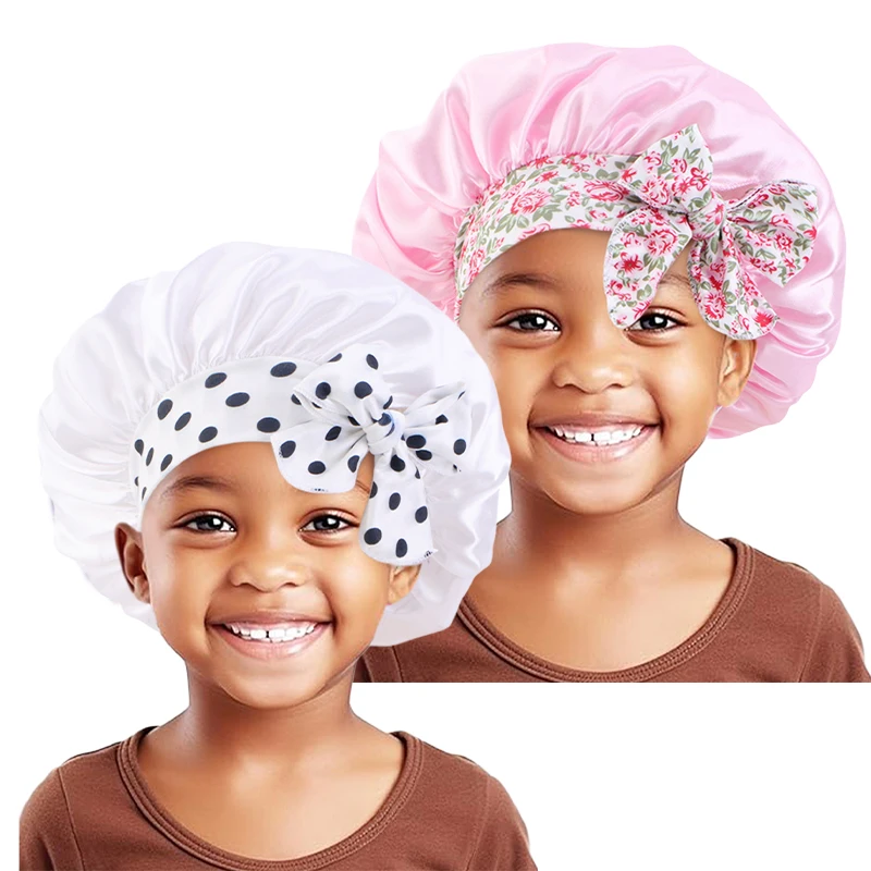 2PCS/LOT Elastic Kids Silky Satin Bonnet Cap Sleeping Hat Night Sleep Baotou Cap Cute Bow Hair Care Nightcap Bonnet Turban