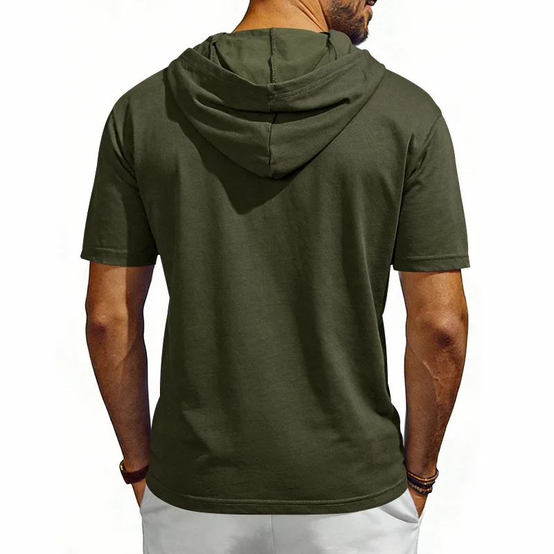 Summer Men's Short Sleeve Hooded T-Shirt Chic Drawstring Trend Casual Loose Breathable Sports Tees Man Solid Fitness Tshirt Tops