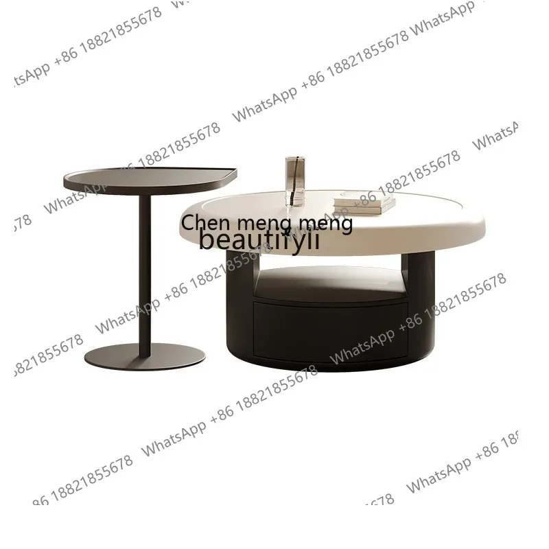 

Round Cream Style Design Tea Table Living Room Home Simple Combination Sofa and Tea Table Small Ins Style