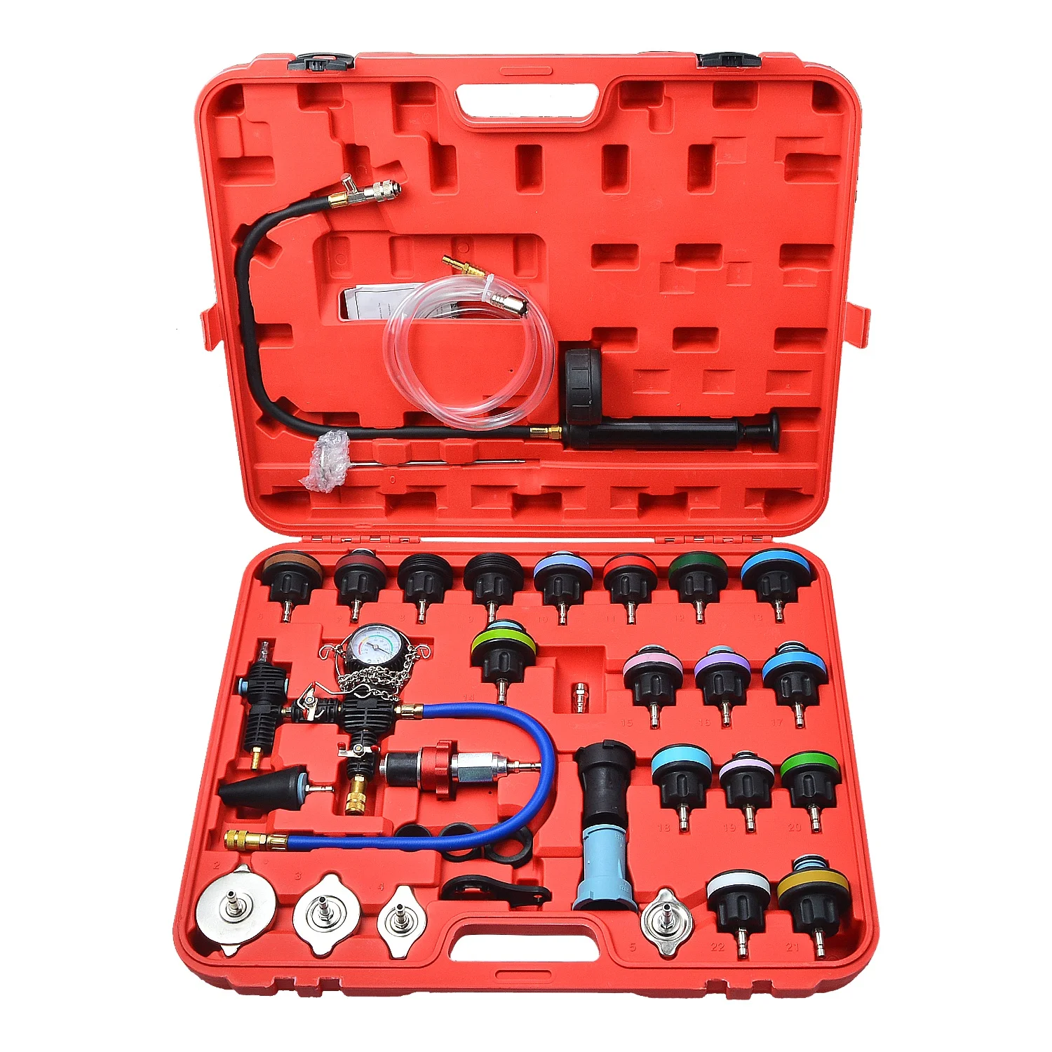 33PCS Universal Automotive Cooling System Leak Test Pneumatic Water Tank Purge Fill Tool Set with Gauge Adapter