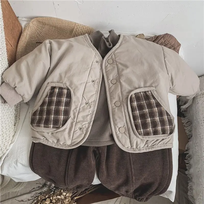 HoneyCherry Boys and Girls Vintage Cotton Plaid Jacket Warm Short Cotton Jacket Kids Jacket