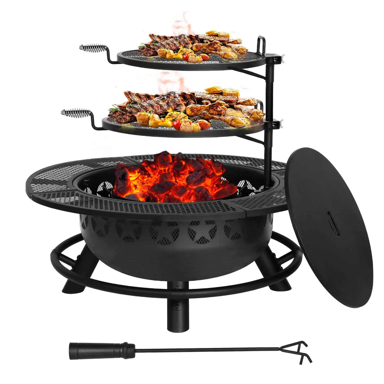 35 Inch Fire Pit with 2 Cooking Grate & Charcoal Pan, Outdoor Wood Burning BBQ Grill Firepit Bowl with Cover Lid, Steel