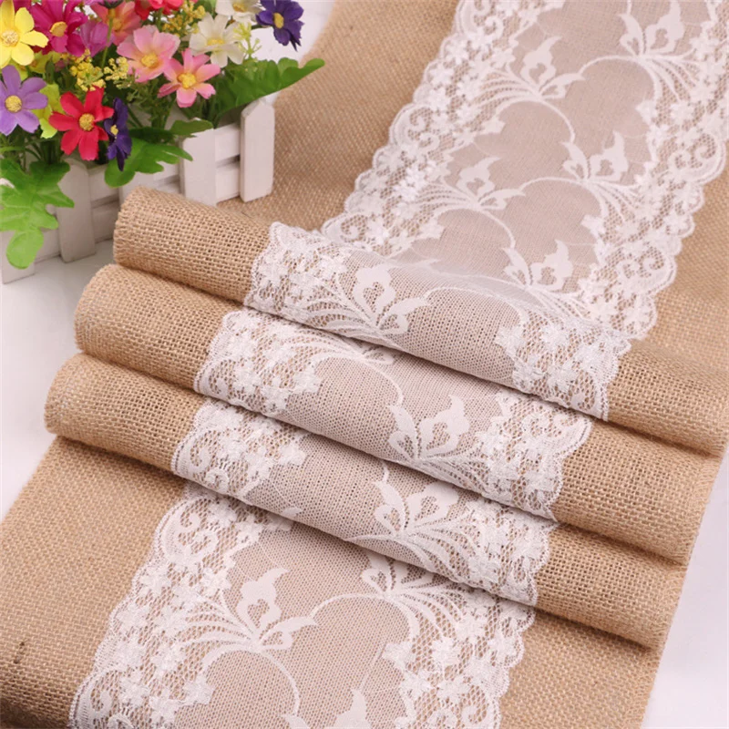 Jute Lace Linen Tablerunner for Christmas Home Table Decoration Table Flag Cloth Wedding Decoration Table runner