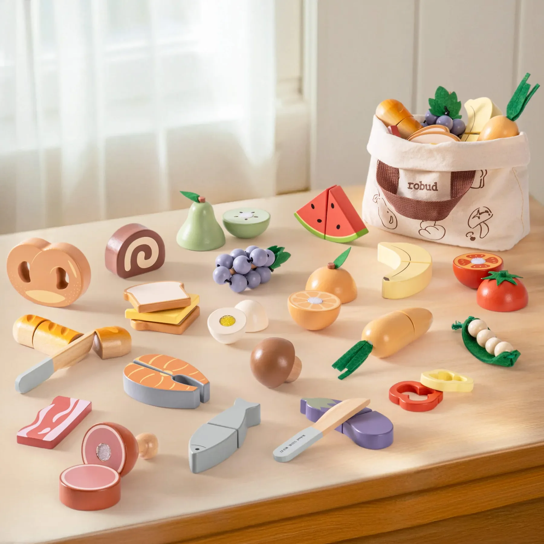 Robud Holzspiellebensmittel 4-in-1-Schneideset Rollenspielspielzeug Essen zum Spielen der Küche mit Einkaufstasche – Kinderküchenzubehör
