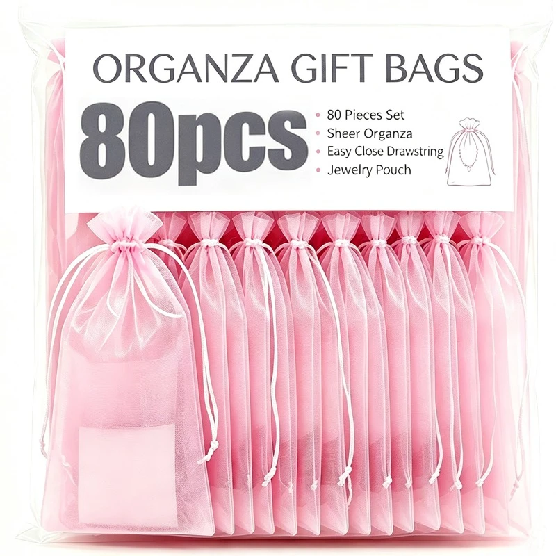 10-80pcs Jewelry Packaging Bag Organza Bags Gift Pink Storage Wedding Drawstring Pouches Multi Size Small Medium Large Set