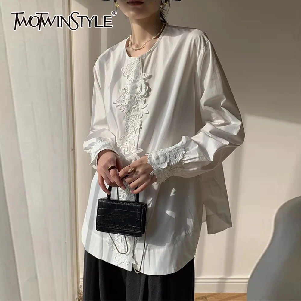 

TWOTWINSTYLE White Spliced Embroidery Shirt Female O Neck Long Sleeve Loose Minimalist Casual Women's Shirts Autumn Fashion New