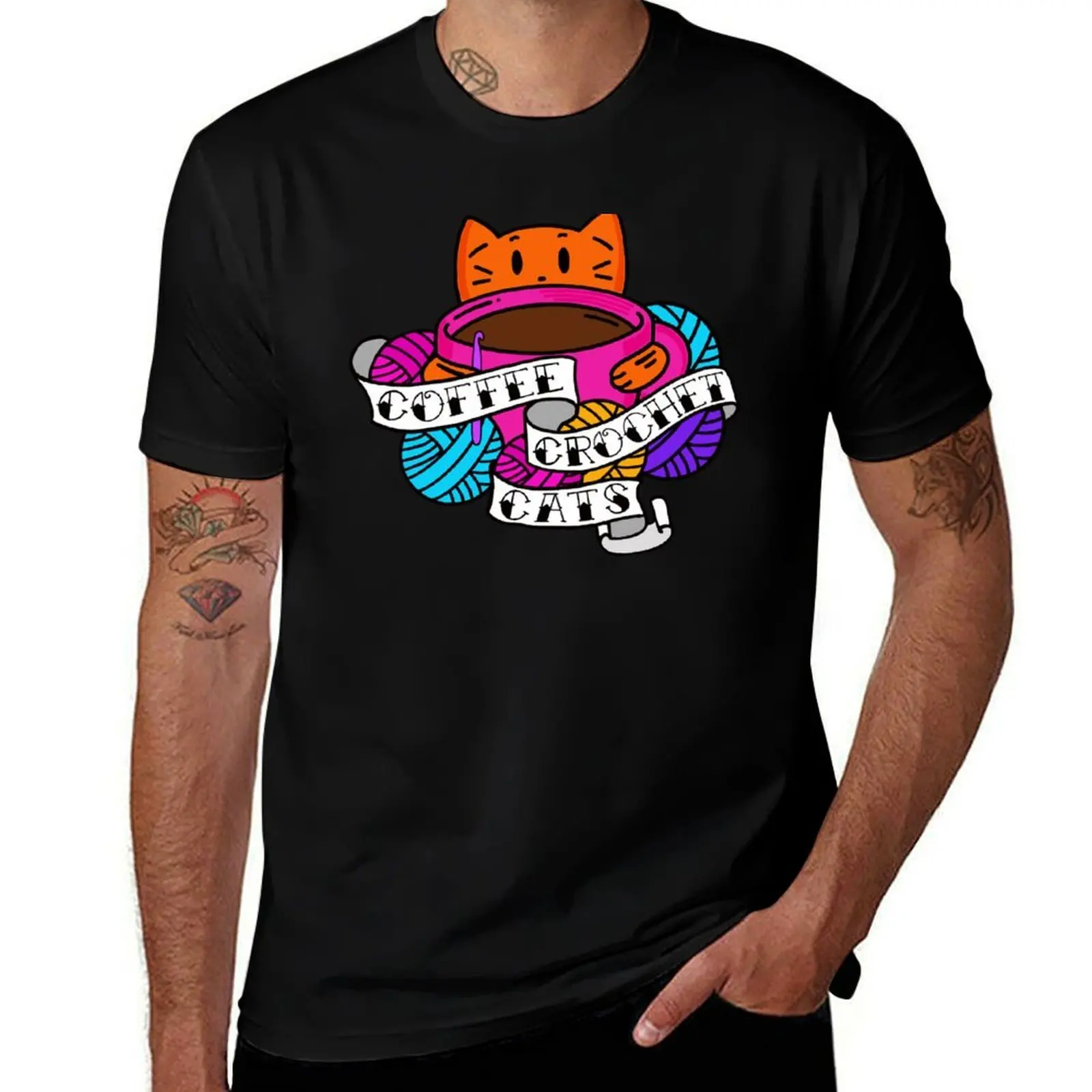 Coffee, Crochet & Cats! T-Shirt Daily Work Short Sleeve Top T-Shirt