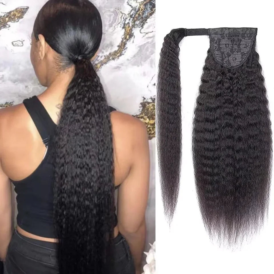 Kinky Straight Wrap Around Ponytail Human Hair Extensions Brazilian Clip In For Women  Natural Black Color Remy Pony Tail Hair