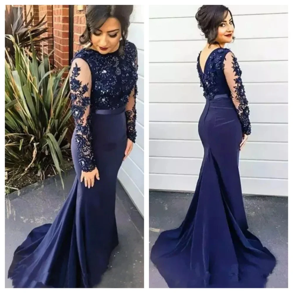 

Lace Applique Long Sleeves Mermaid Luxury Evening Dresses 2023 Exquisite Beaded Jewel Prom Dress Back Zipper Formal Party dress