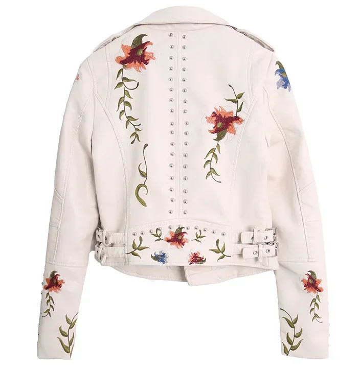 Floral Embroidery Faux Soft Leather Jacket Women Spring Fall Winter Pu Motorcycle Coat Black Punk Biker Rivet Pocket Outerwear