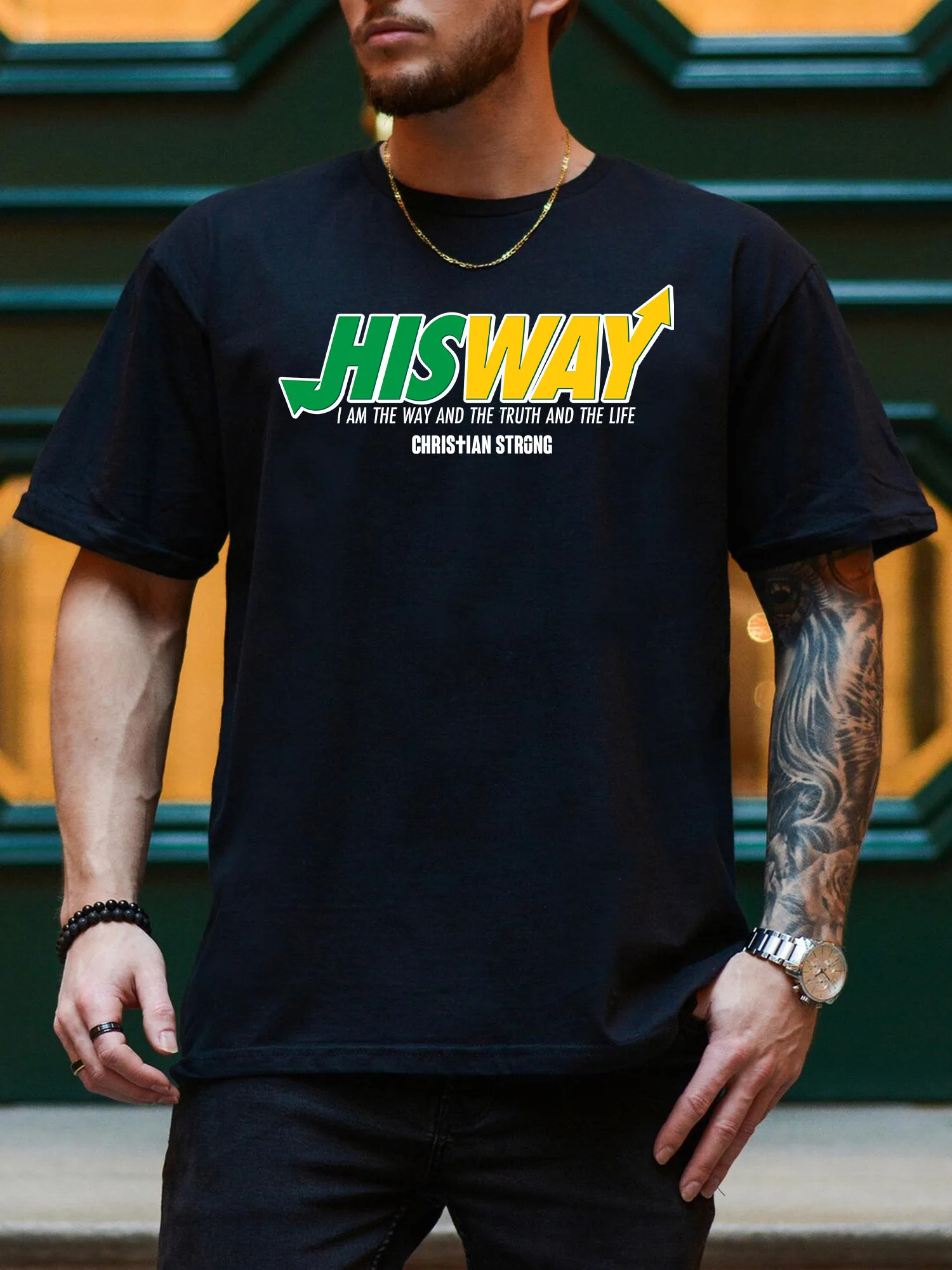 تي شيرت برسومات His Way للرجال باللونين الأخضر والأصفر، تي شيرت أسود من القطن الخالص للاستخدام اليومي، تي شيرت خفيف الوزن برقبة دائرية