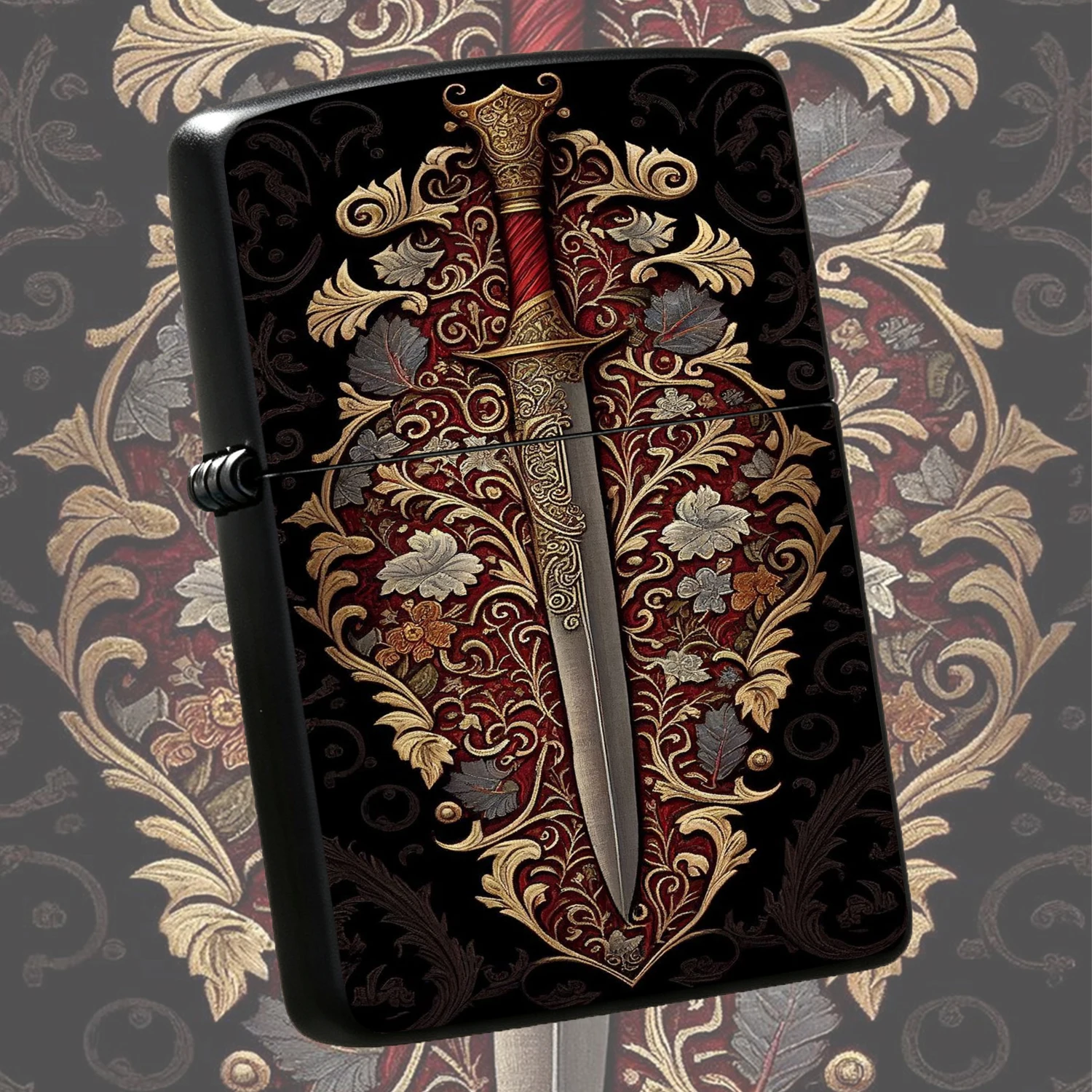 Vintage Medieval Pattern Holy Sword Lighter, Durable Scratch-Proof Sturdy Body, Exquisite Red Background Gold Printing Decor, Unique Art Collectible Gift For Daily Use Outdoor Camping Gifting A Fun and Humorous Lighter