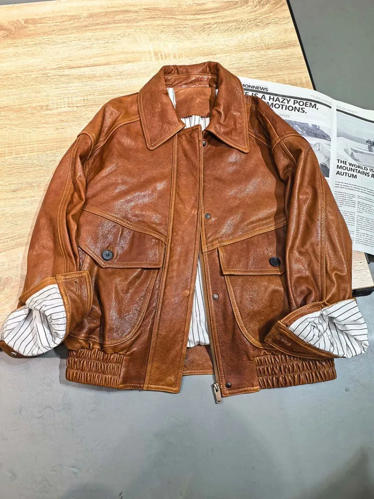 Damen Umlegekragen Ölwachs Schaffelljacke Lose Herbst Arbeitsmantel Winddicht Vintage Biker Reißverschluss Echtes Leder Damen
