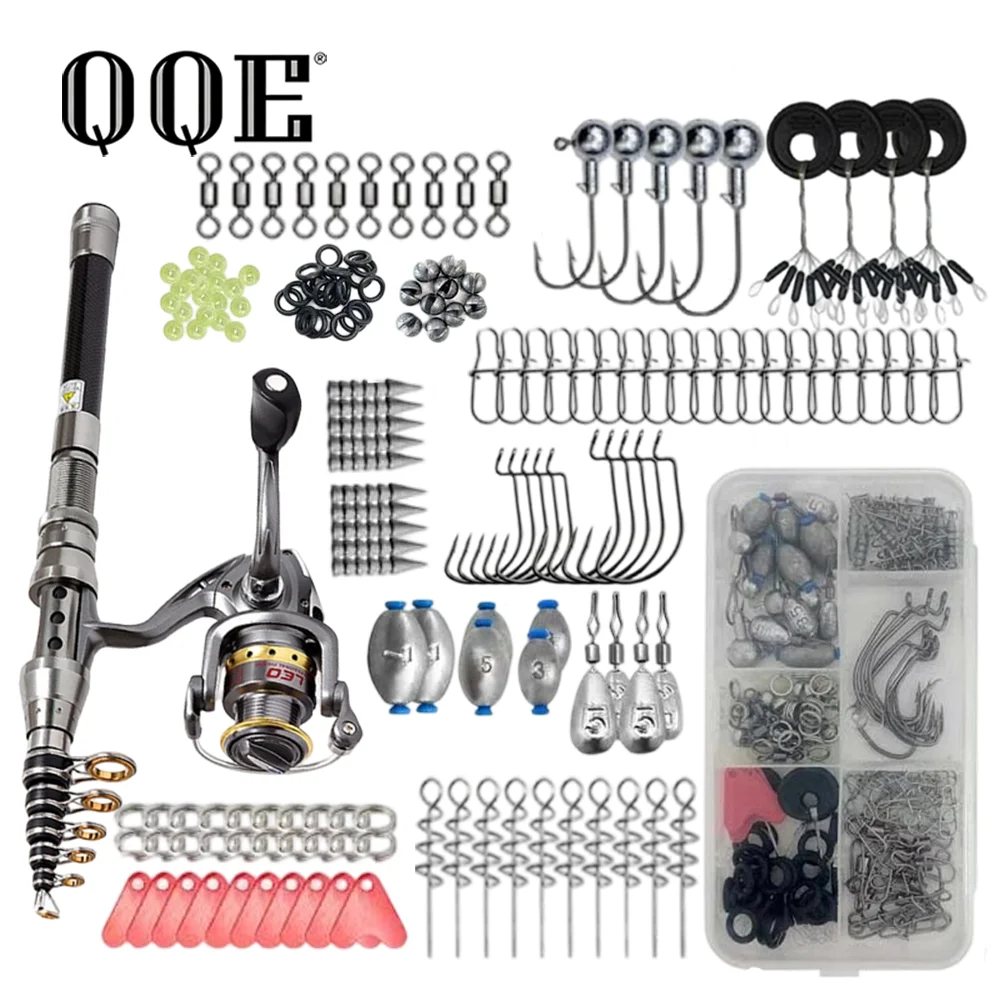qqe-18m-ultralight-carbon-telescopic-fishing-rod-combo-spinning-reel-full-tackle-kit-hooks-sinkers-swivels-beads-tackle-box