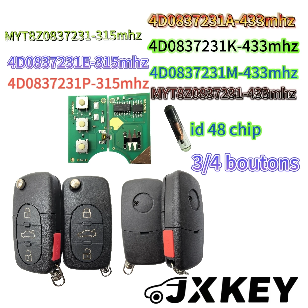 JXKEY 4D0837231A/E/M/K/P/N MYT8Z0837231 315/433MHZ 48 Chip For Audi A3 A4 A6 A8 TT RS4 Quattro 1994 - 2004 Car Remote Flip Key