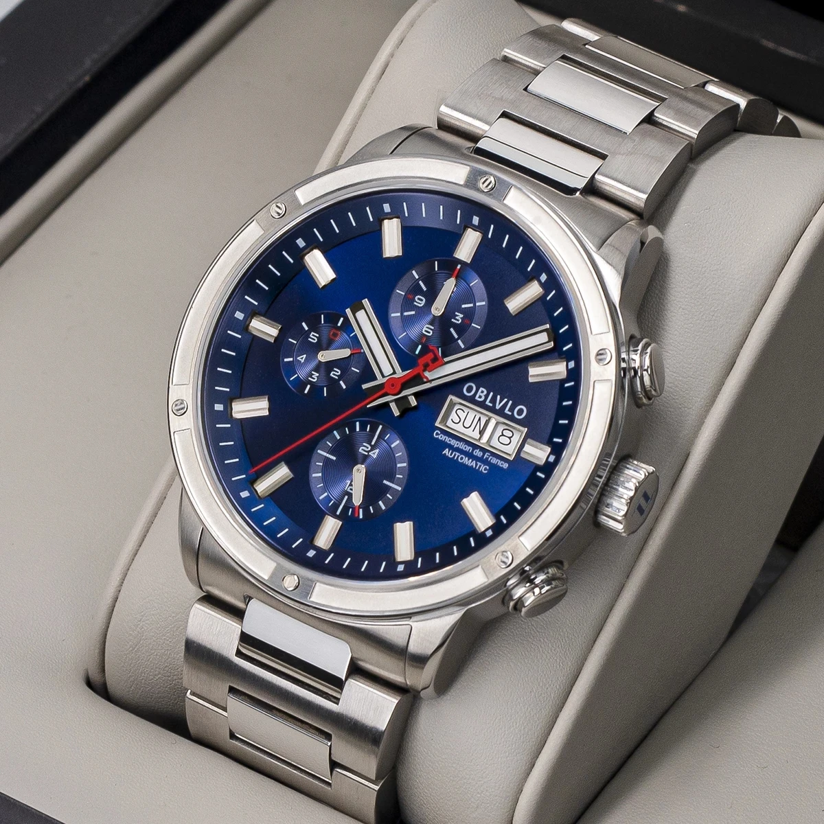 OBLVLO Men Automatic Watch 42mm Vintage Mechanical WristwatchWaterproof Sapphire Luminous Multi-Dial Month Week Date