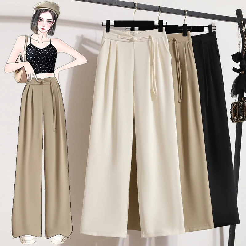 

Spring and Summer Women's Retro Chinese Style Pan Button Elastic High Waist Ruched Pocket Loose Solid Casual Suit Wide Leg Pants