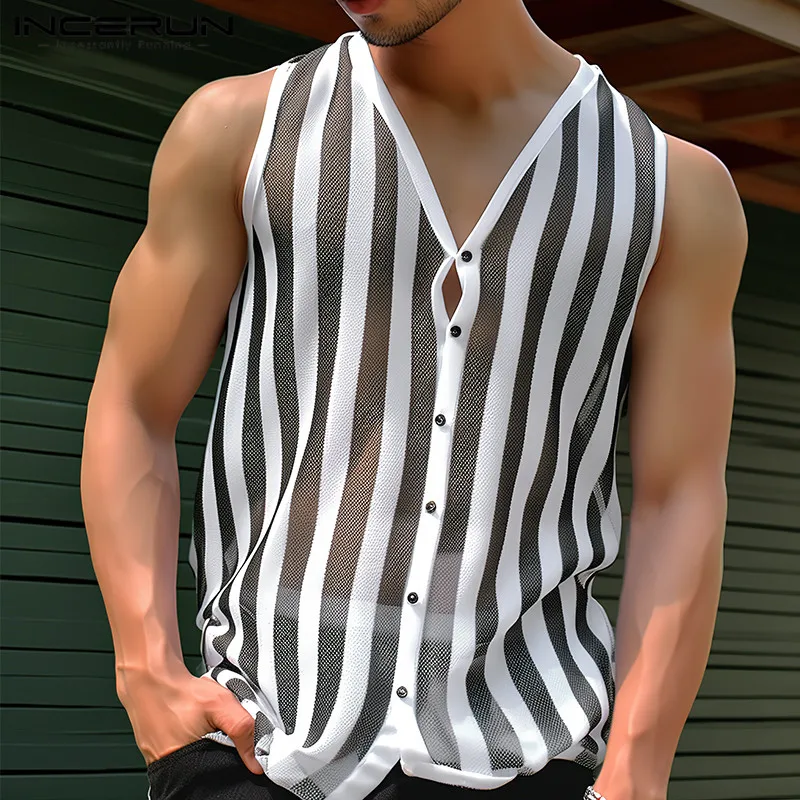 

INCERUN Tops 2024 American Style New Men Striped V-neck See-through Mesh Shirts Sexy Leisure Comfortable Sleeveless Blouse S-2XL