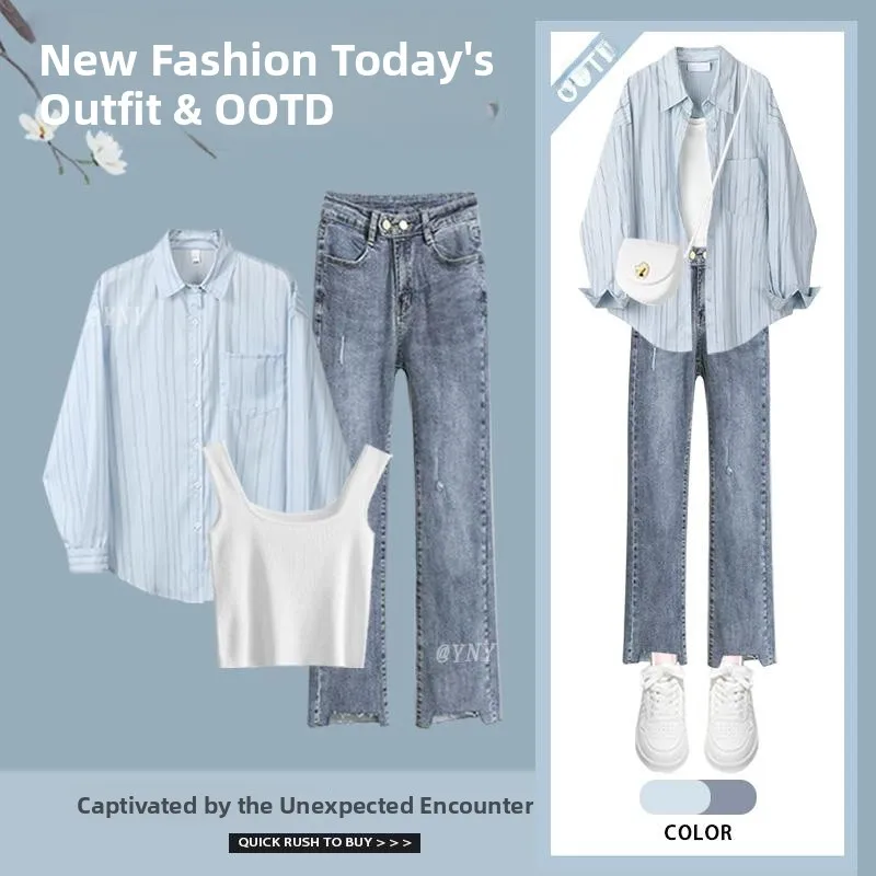 

Slimming Women's Faion Set Autumn Clothes Long Sve Ne Button Closure Jeans Tee-Piece Set Age Reduction Effect