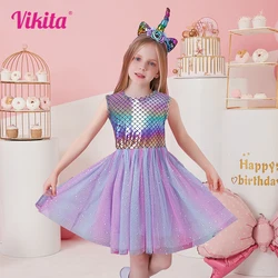 VIKITA Girls Summer Sleeveless Dress Children Birthday Party Tutu Dress Kids Cotton Costume Baby Girl Princess Dress  Clothes