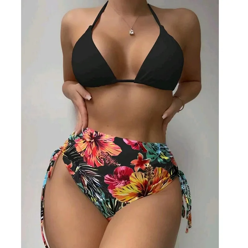 

Three-Piece Swimsuit Women's separates Bikini Printed Drawstring High Waist Triangle Pants Long Cover Up Swimwear
