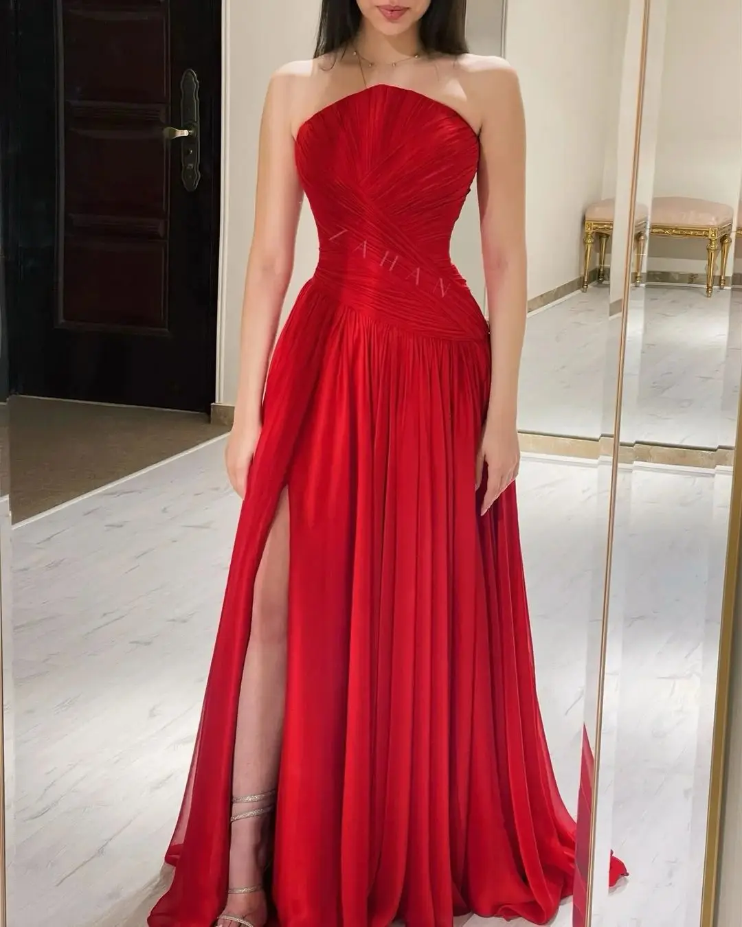 Fashionvane Sexy Strapless Prom Dresses 2024 Ruched Long Side Slit Chiffon Evening Dress for Saudi Arabia Women Wear Vestidos