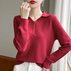 New Women Merino Wool Striped Sweater Polo V-Collar Pullover Casual Knitwear Long Sleeve Spring Autumn Clothing Bottoming Tops