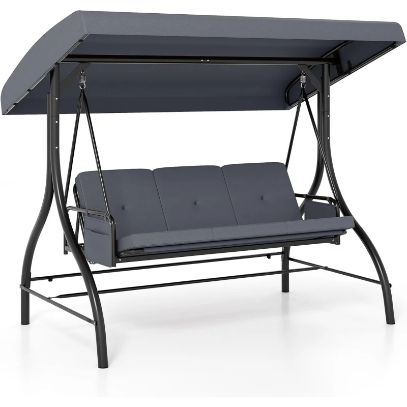 

2026 New：3 Person Porch Swing, 2-in-1 Convertible Outdoor Swing with Adjustable Canopy, Removable Cushions, Metal Frame