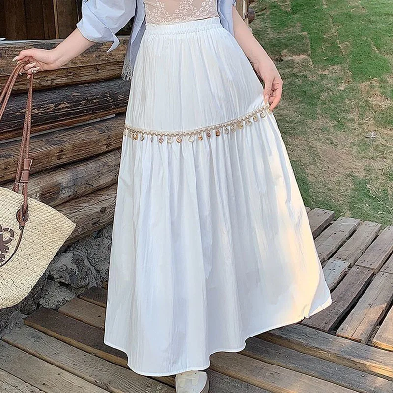 

Bohemian Tassel Maxi Skirts for Women High Waist A-Line Flowy Long Skirts Elegant Beach Casual Summer Skirts Retro Female Skirts