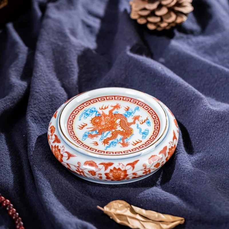 Jingdezhen Qitang Antique High-End Alum Red Pattern Cover Pot Tray Ceramic Saucer Tea Utensils Coaster