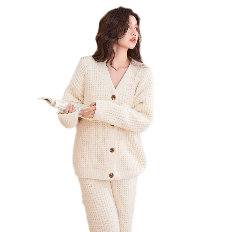 Winter Women V-neck Cardigan Pajama Set Warm Flannel Sleepwear Long Sleeve Solid Nightwear