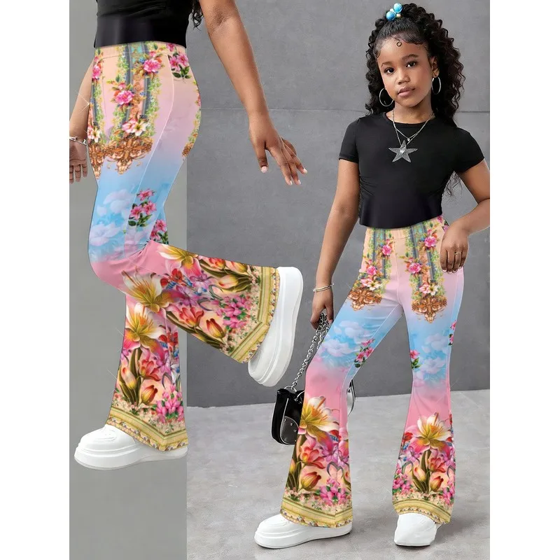 Girls All Over Print Flare Pants Stretchy Bell Bottom Leggings Elastic Waist Pants for Tween Teens Back to School Outfit
