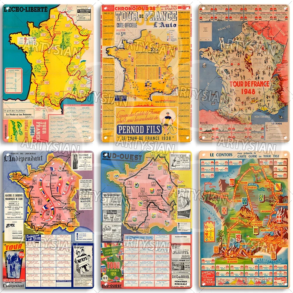 Tour de France Map Metal Sign Bike Cycle Race La Carte Guide Plaque Bicycle Racing Poster Le Journal des Sportifs Le Comtois