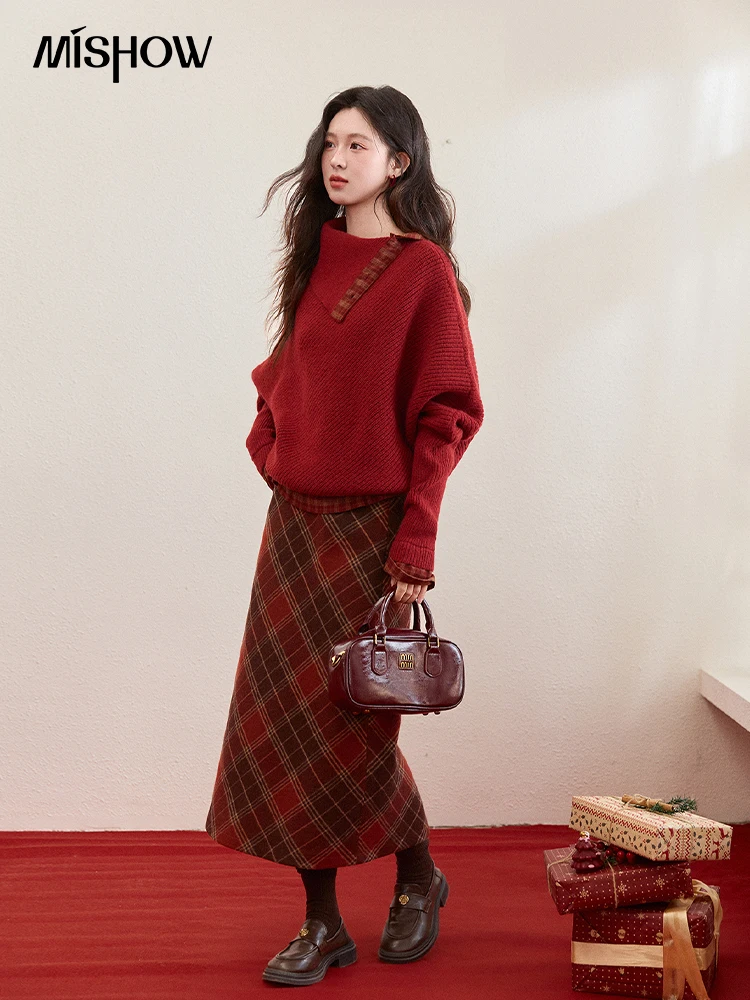 MISHOW Bat Sleeve Splicing Retro Plaid Sweater For Women Winter Red Irregular Collar Loose Thick Warm Knitted Sweater MXE93Z2813