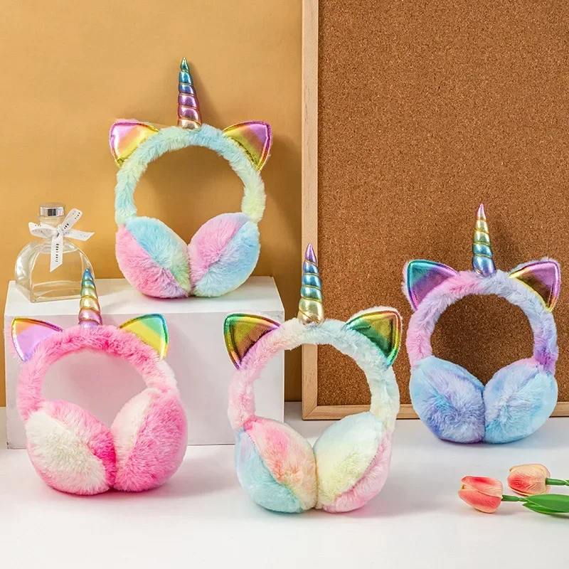 Kids Winter Warm Unicorn Earmuffs - Cute Cat Ear Tie-Dye Plush Fluffy Earflap Hat