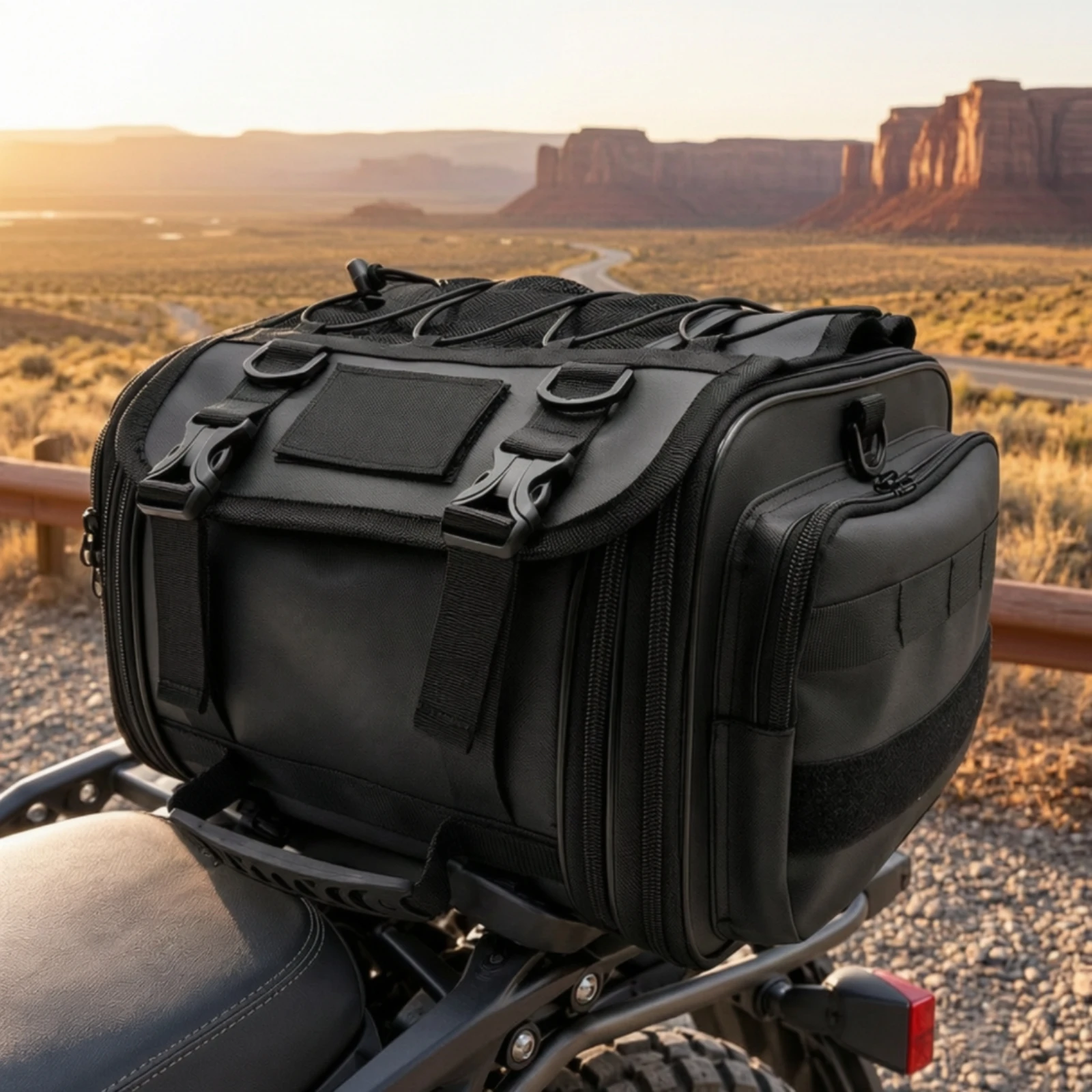 Motorcycle Rear Luggage Bag Waterproof Motorcycle Luggage Bag with Zippered Compartments Expandable Spacious for Touring Riders
