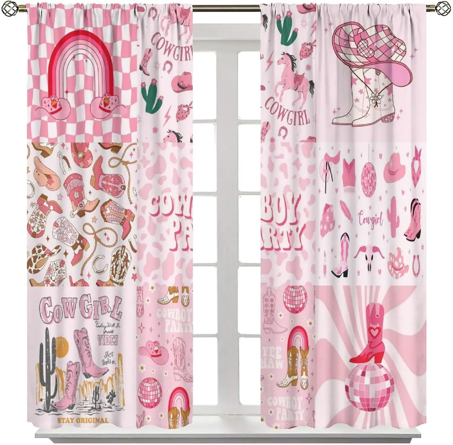 Western Pink Cow Print Window Curtain Cowgirl Hat Boot Retro Disco Art Rod Pocket Window Panels Dorm Girls Room Window Covering