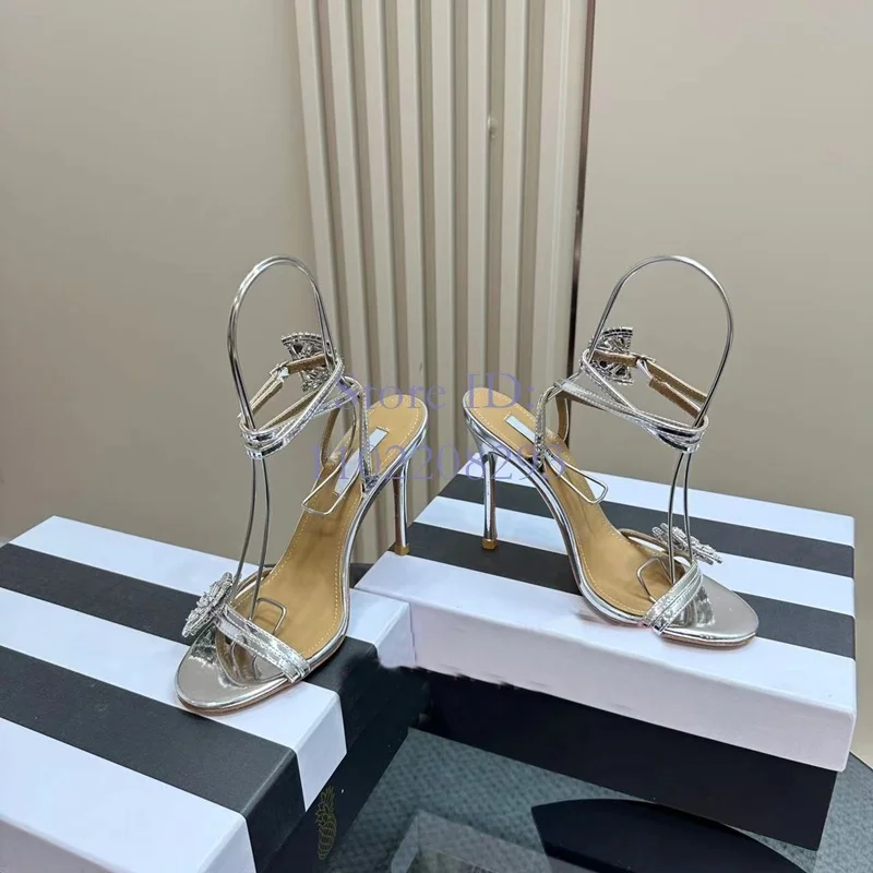 Crystal Gold Lemon Buckle Stilettos Sandals Solid Round Toe Back Strap Thin High Heeled Rome Pumps 2024 Women Gladiator Shoes