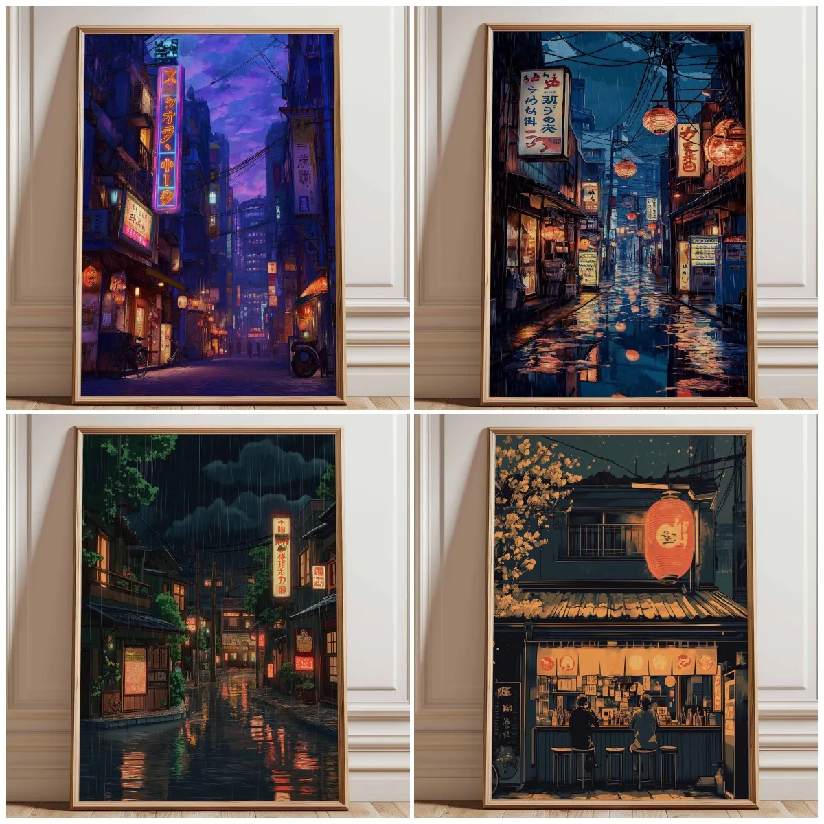 1 póster de neón sin marco de la calle de Tokio, arte mural de ciudad nocturna cyberpunk, decoración de luces urbanas japonesas, estilo anime futurista