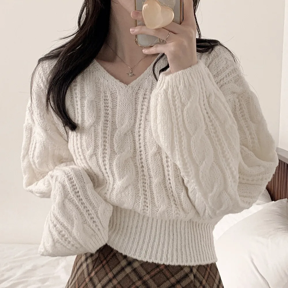 Women's Knitted Sweater Chic Lazy Twist Lantern Sve Pure Color V-Ne Pullover Autumn Winter Korean Sle Ele Top