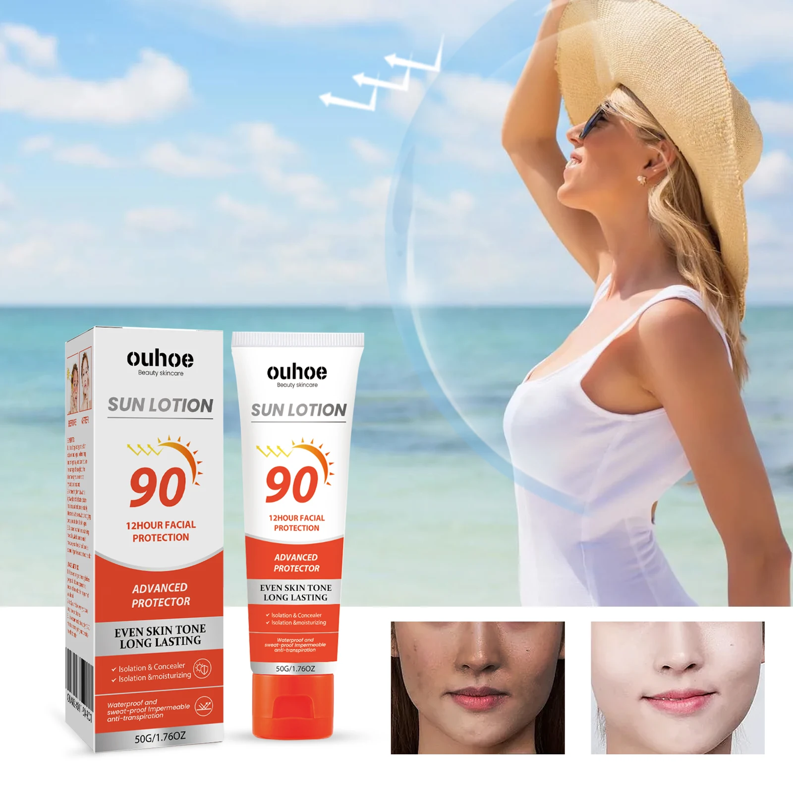 OUHOE Sun Lotion 12 Hour Facial Body Long Lasting Summer Outdoor Isolation Protection UV Refreshing Light Moisturizing Cream