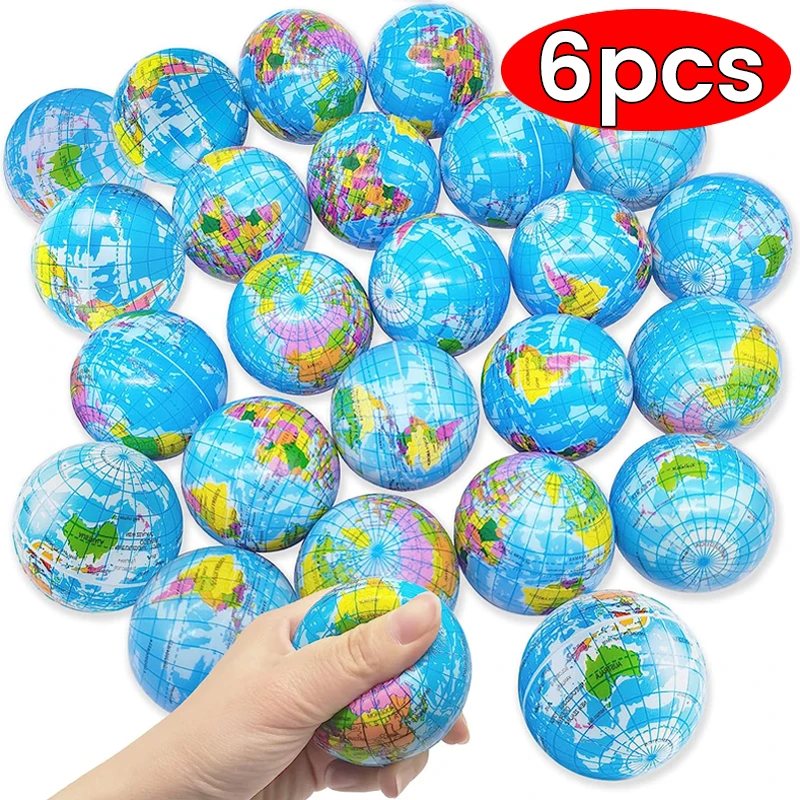 6Pcs/Bag Globe Toy PU Foam Globe Decompression Teaching Elastic Ball Pressure Adult Children Novelty Fun for Cat Dog Play