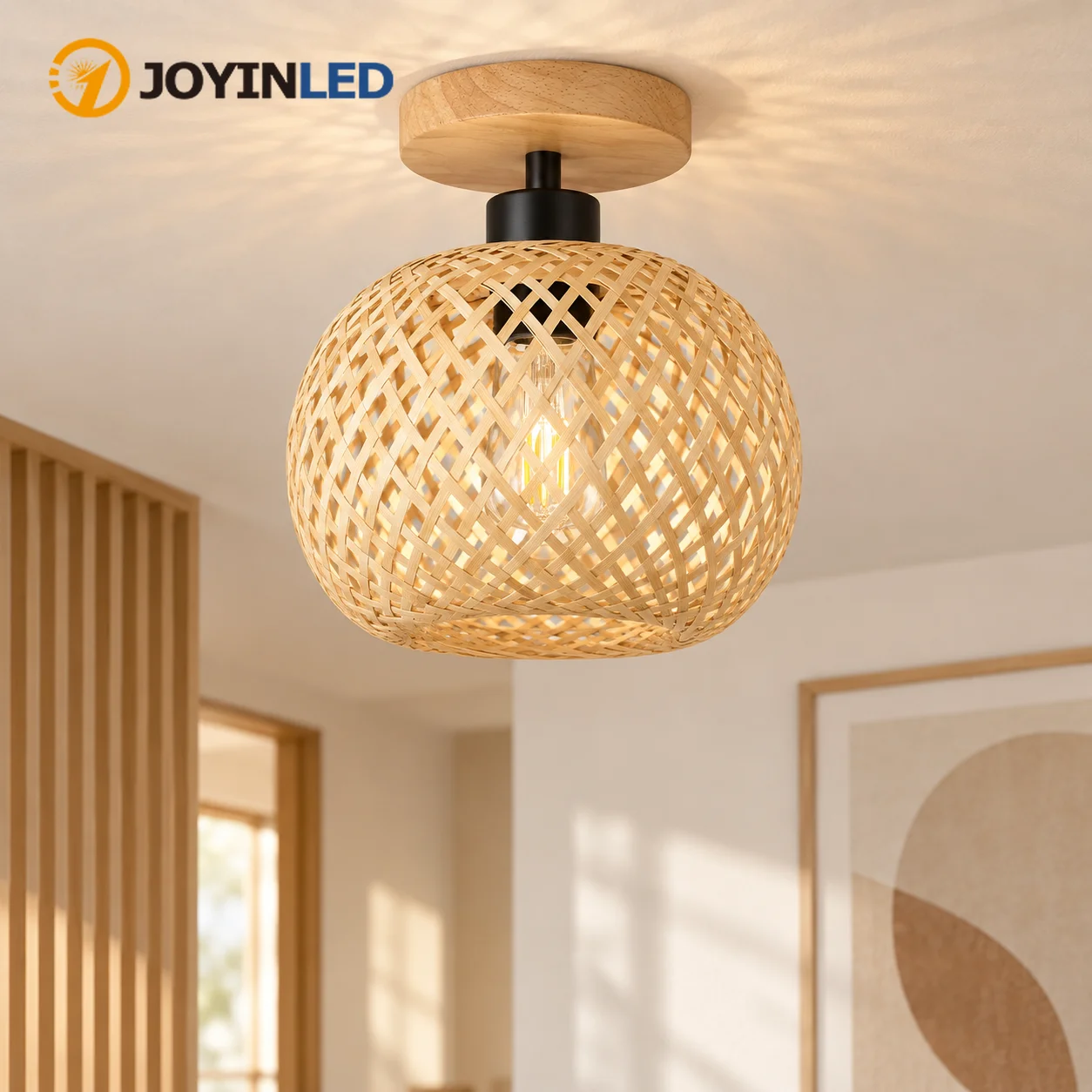JOYINLED Hand-Woven Bamboo Ceiling Lamp, Wabi Sabi Rattan Flush Mount Ceiling Light Vintage Farmhouse Wooden Fixture Indoor Lamp